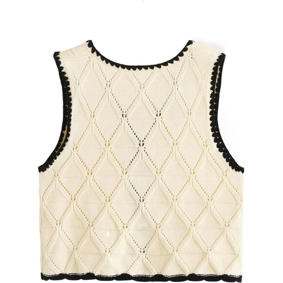 Women's Knit Sweater Vest Acrylic Small V Neck Contrast Binding Tie Front - Picture 2 of 7